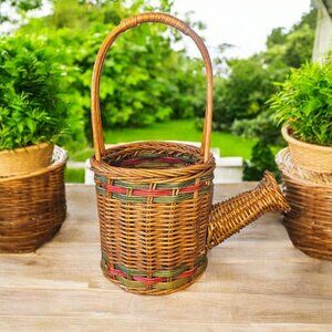 Vintage 90s Brown Wicker Basket Watering Can 11"‎ With Handle Country Primitive
